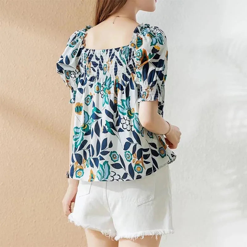 Square Collar Fashion All-match Printing  Puff Sleeve  Blouses