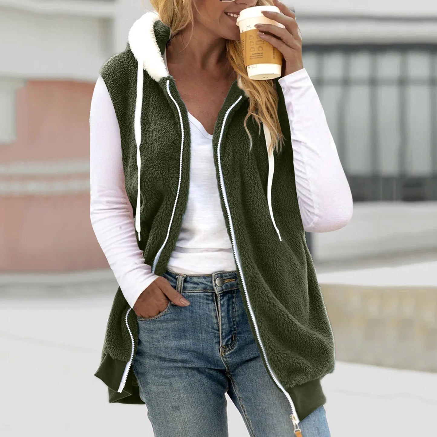 Plus Size Vests Outerwear Women Plush Sleeveless Hooded Vest Jackets Zip-Up Fleece Waistcoat