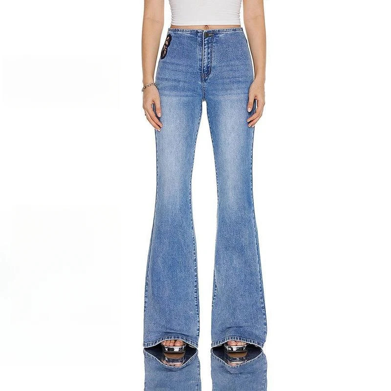 Women High Rise Stretch Flared Jeans With Butterfly Embroidery Stylish-Mid Wash