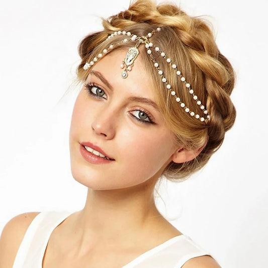 Fashion Bridal Wedding Hair Jewelry Accessories For Women Indian Boho Imitation Pearls Head Chain Head Piece Bijoux Femme