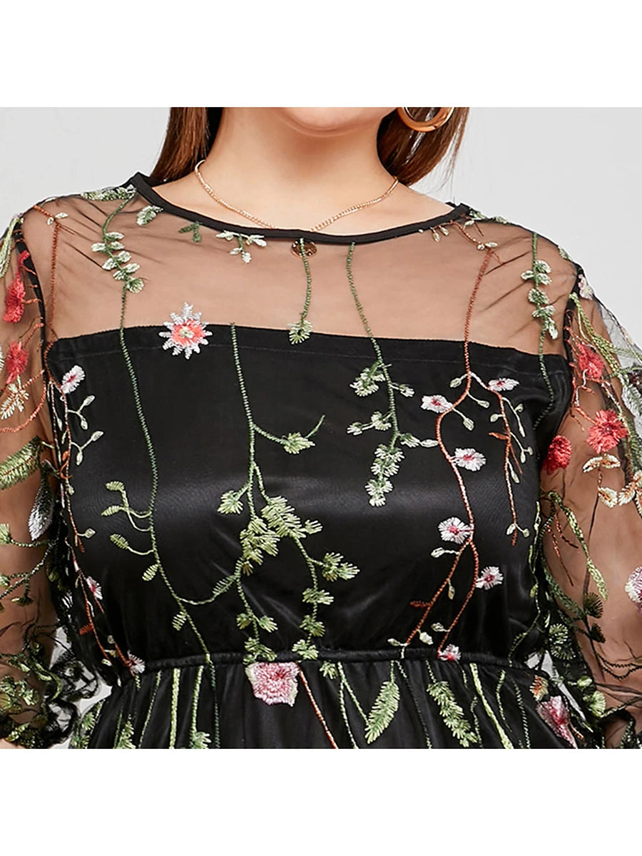 Women s Lace Maxi Dress Floral Embroidered Short Sleeve O Neck Plus Size Evening Party Elegant Gown