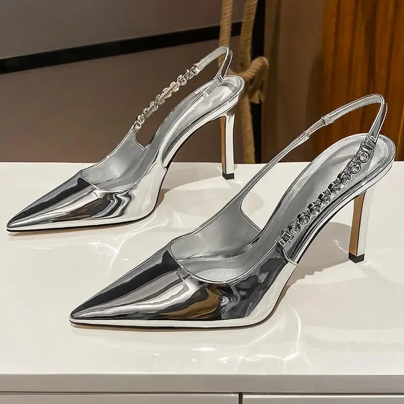 Metallic Crystal Sandals Shiny High Heels Sling back Silver Stiletto Heeled Shoes Party Dress Shoes