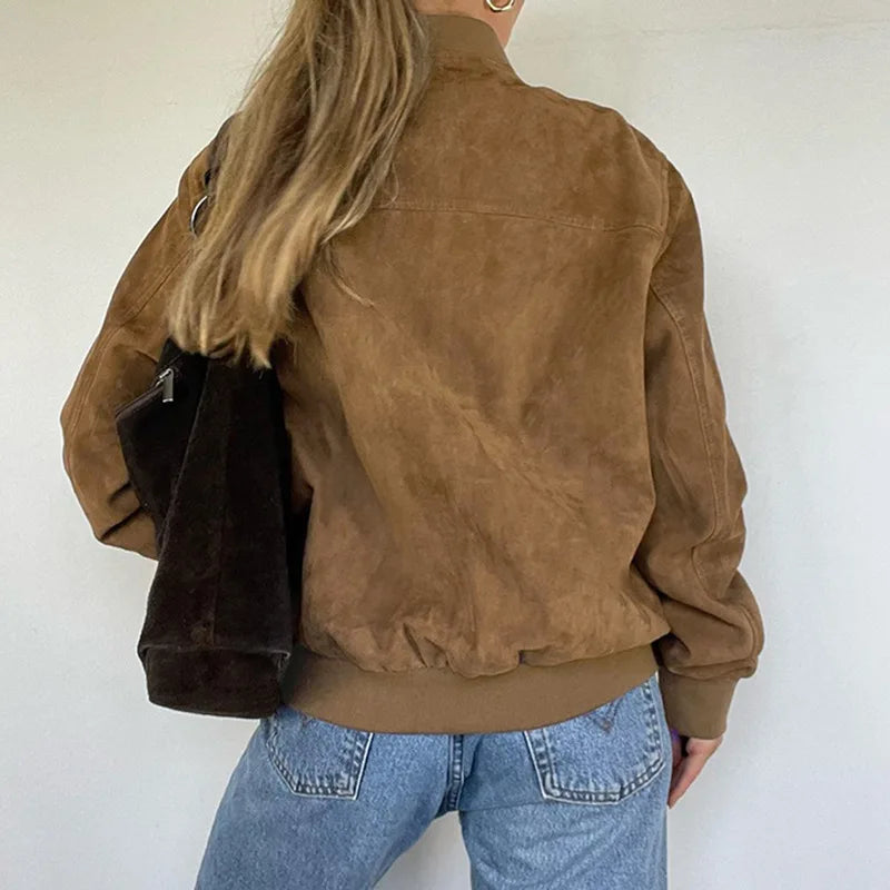 Vintage Chocolate Leather  Jacket  Chic Zipper Long Sleeve Pocket Short Coat
