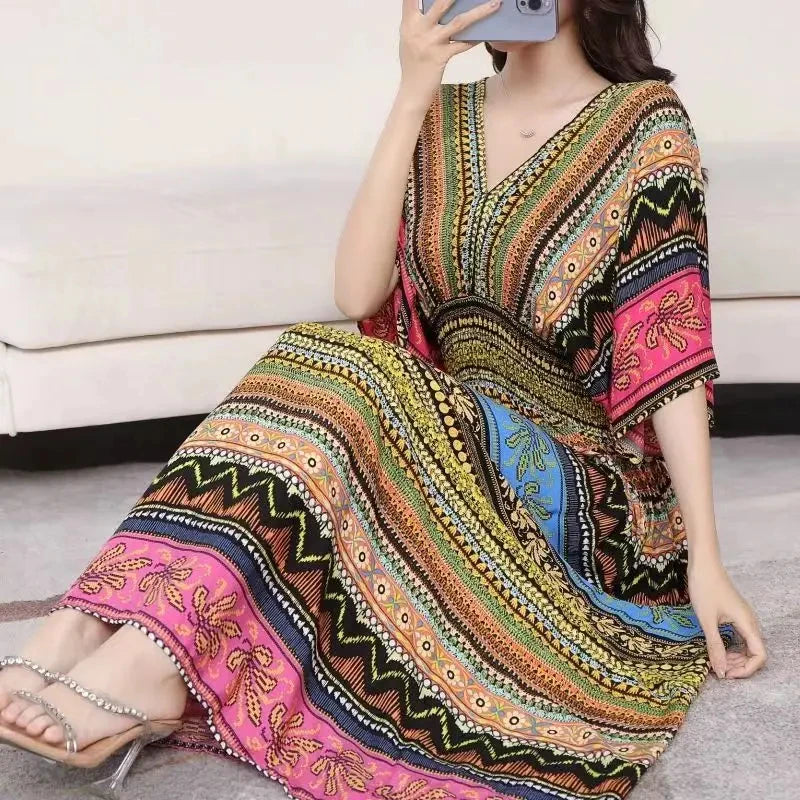 Colorful Flower V-neck Elastic Youthful Bohemian Sweet Midi Dress Woman Clothes Chic Fashion Summer Dresses