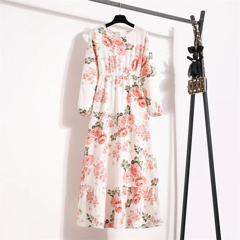 Spring Summer Women Maxi Dresses Casual Full Sleeve Floral Printed O-neck Woman Boho Beach Party Long Dress