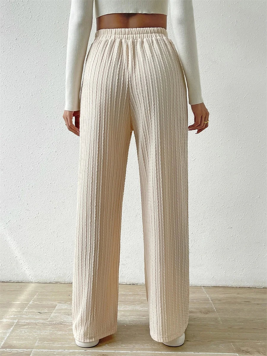 Elegant Ribbed Knit Palazzo Pants with Chic Drawstring High Waistband Comfy Wide Leg Trousers for Women s Casual Wear