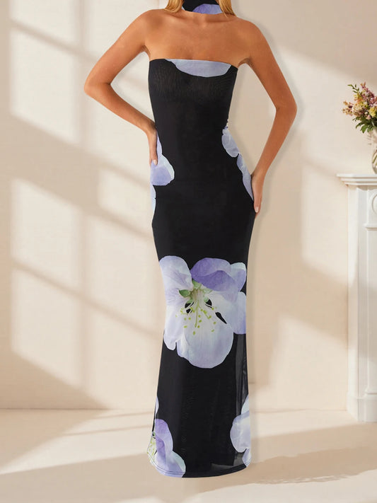Elegant Lace Halter Neck Maxi Dress with Ruffle Hem and Matching Belt for Women Wedding Party Evening Gown