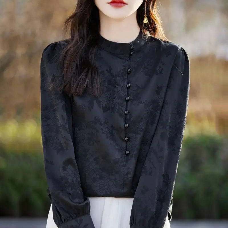 Stand-up Collar Long-sleeved Top Retro All-match Chic Shirt