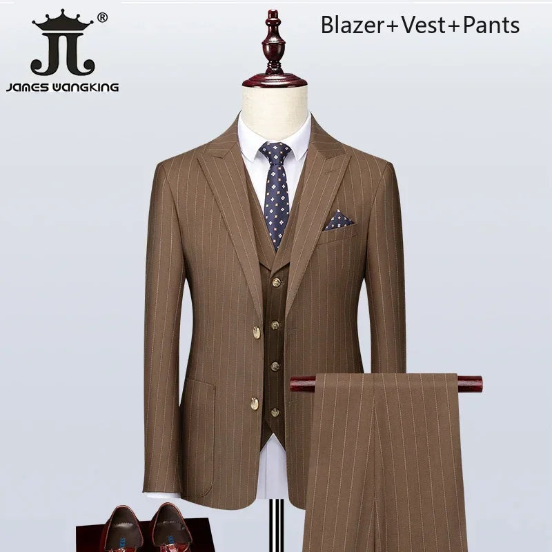 ( Blazer + Vest + Pants ) Boutique British Style Men's Suit Plaid Dress Business Casual Formal Suits 3Pcs Set