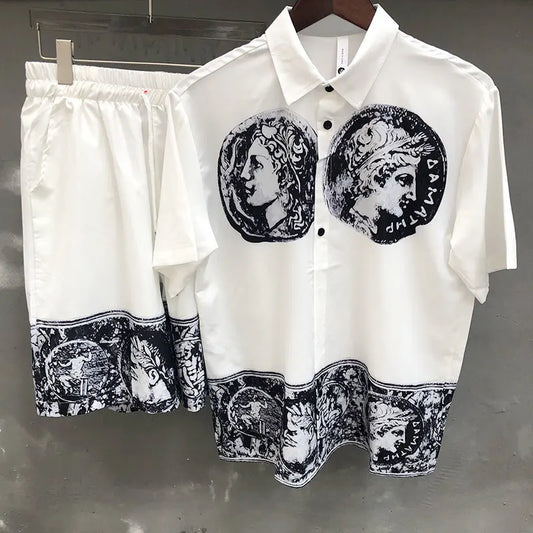 Hawaiian Shirt Streetwear Abstract Portrait Print Shirts Streetwear Tracksuit Set  Casual Beach Holiday Short Sleeve Suit