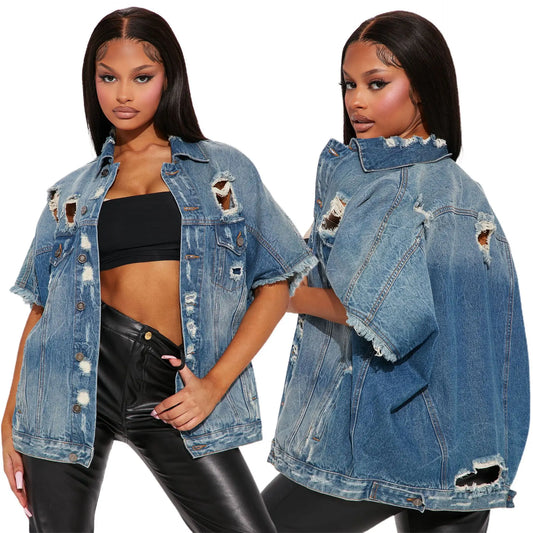 Summer Style Personalized Distressed Hole Long Retro Short Sleeved Jacket Denim Jacket