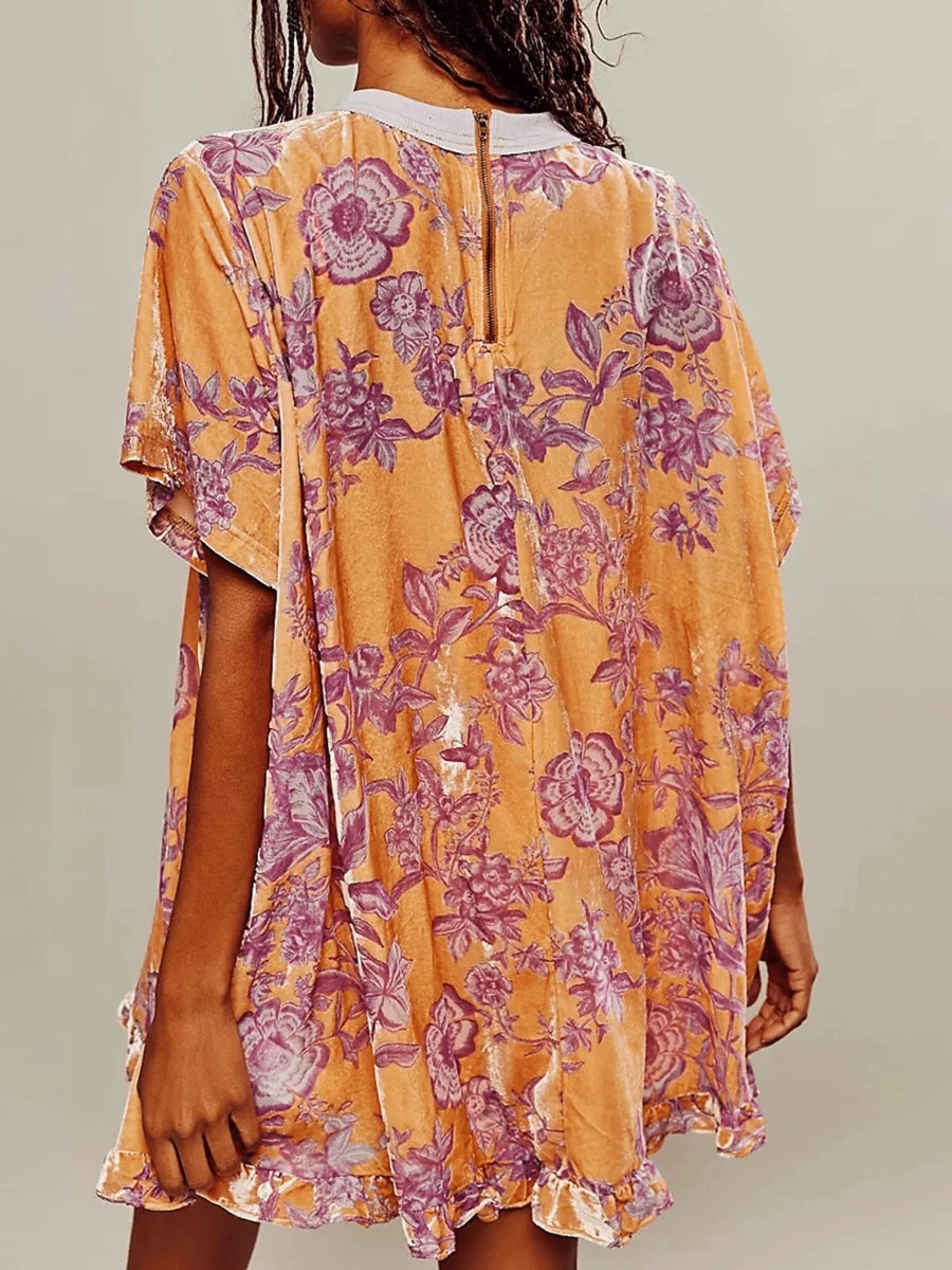Velvet Mini Dress V-Neck short Sleeve Floral Print