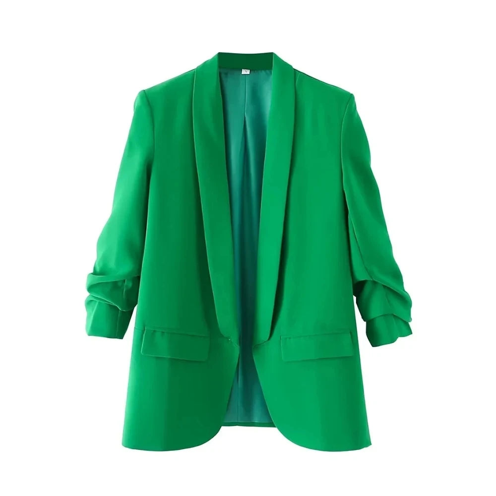 Fashion Office Wear Open Blazer  Vintage Long Pleated Sleeves Flap Pockets Female Outerwear Chic Tops