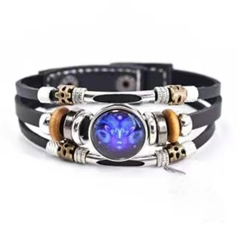 Twelve Constellations Luminous Leather Bracelet Retro Multi-layer Beaded Leather Bracelet Jewelry