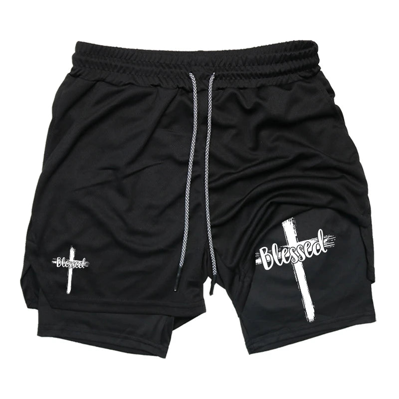 Print 2 in 1 Running Workout Shorts for Men Christian Gym Athletic Performance Shorts with Phone Pocket Towel Loop Activewear