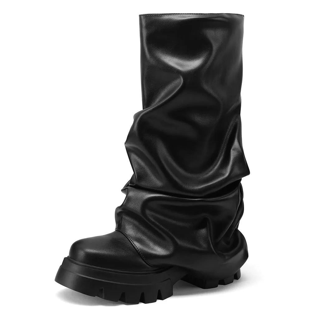 Fold Over Slouchy Shark Boots Fashion Pleated Chunky High Heels Round Toe Platform Pull On Knee High Boots