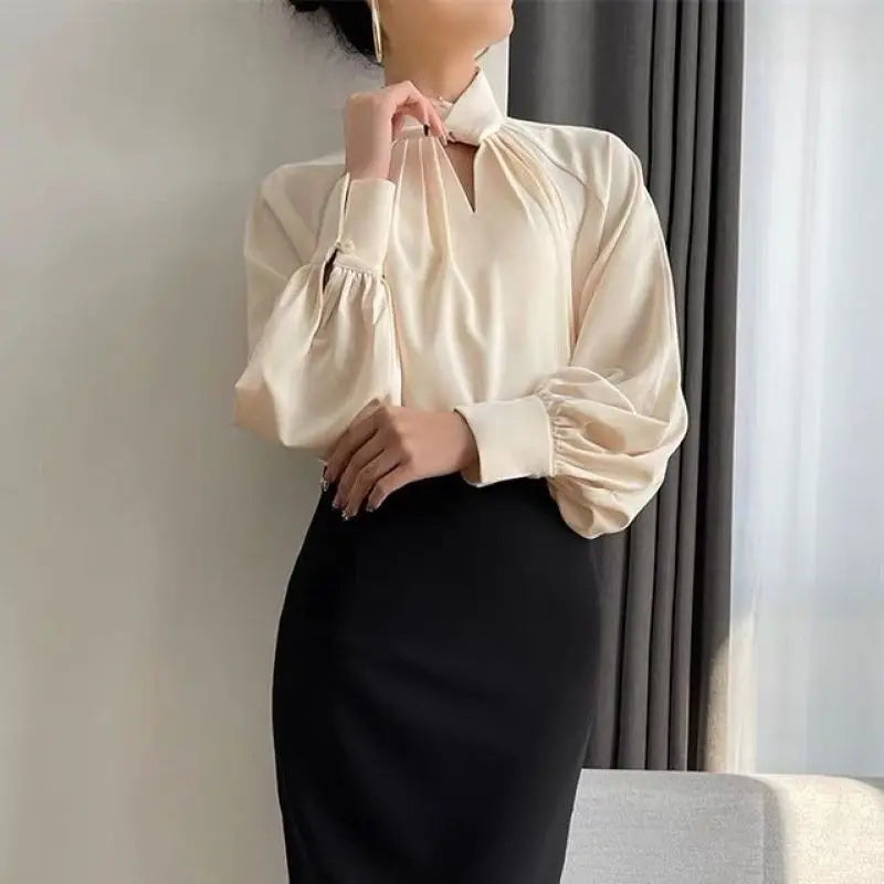 Hollow Ruffled Elegant Blouse  Stand Collar Business Casual Long Sleeve