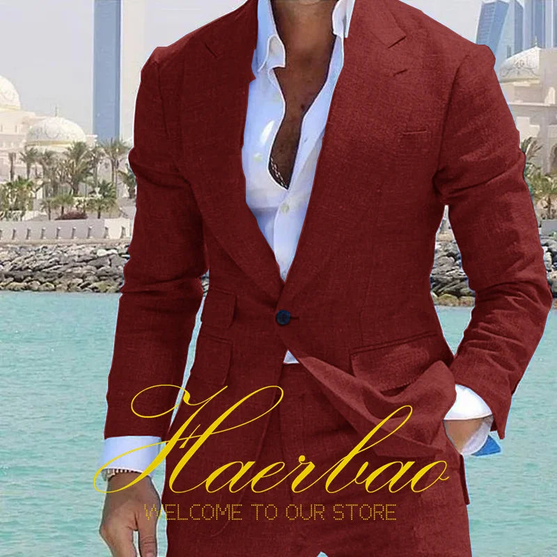 Summer Men's Linen Suit Set of 2 Wedding Groom Tuxedo Formal Lapel Jacket Pants Fashion Tailored Blazer for Men