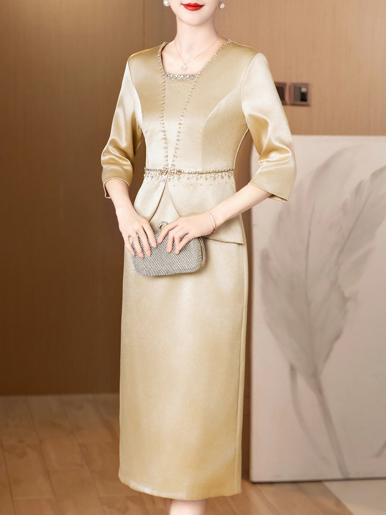 Champagne dress wedding banquet three-quarter sleeve dress