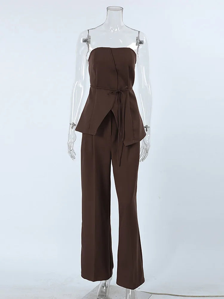 Women Pant Sets Sexy Strapless Lace Up Top Loose Wide Leg Pants Suit Summer Fashion Lady Outfits