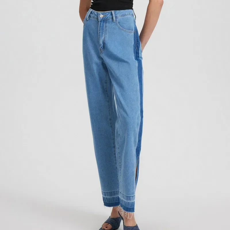Women High Rise Slit Jeans Straight Wide Leg Loose Denim  Trousers Streetwear