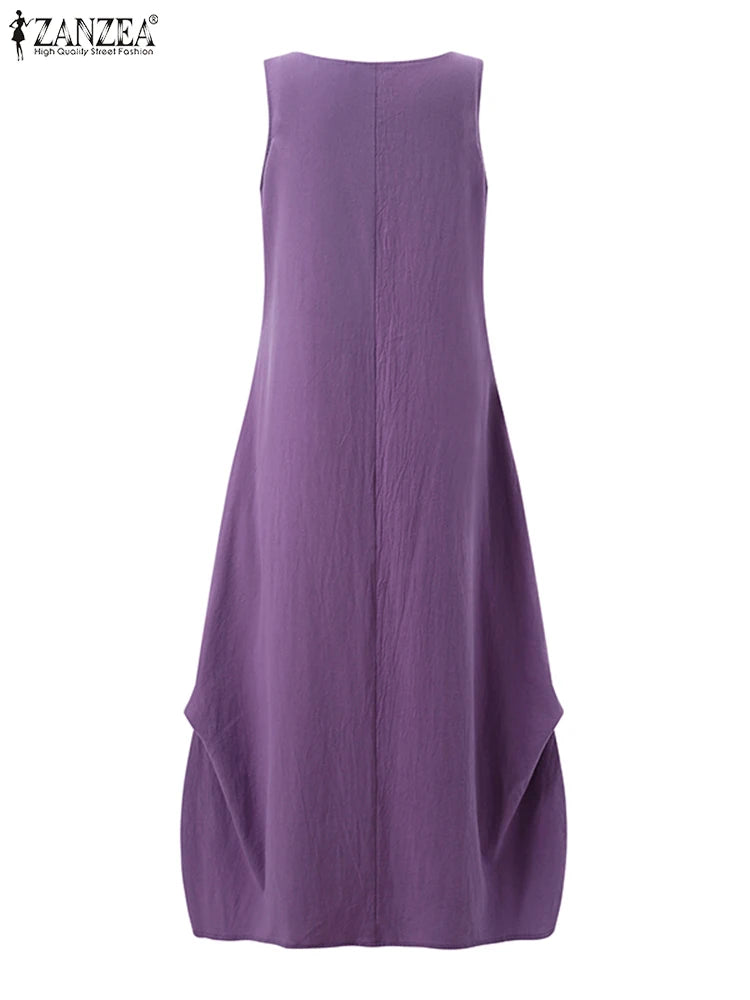 Fashion Summer Dress Women Oversized Maxi Dresses Casual Loose Solid Cotton Sleeveless O Neck