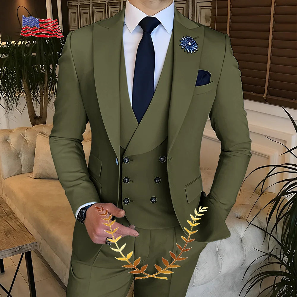Men's Suit Jacket Pants Vest 3-piece Set Slim Fit Handsome Men Blazer for Party