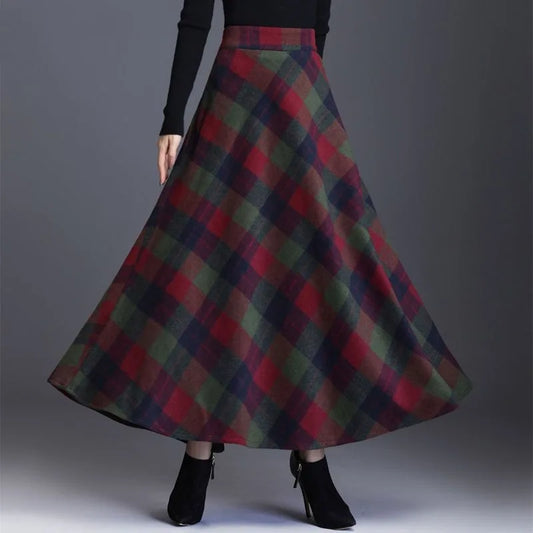 High Waist Woolen  Plaid Patchwork Pockets  A-line Large Swing Skirt