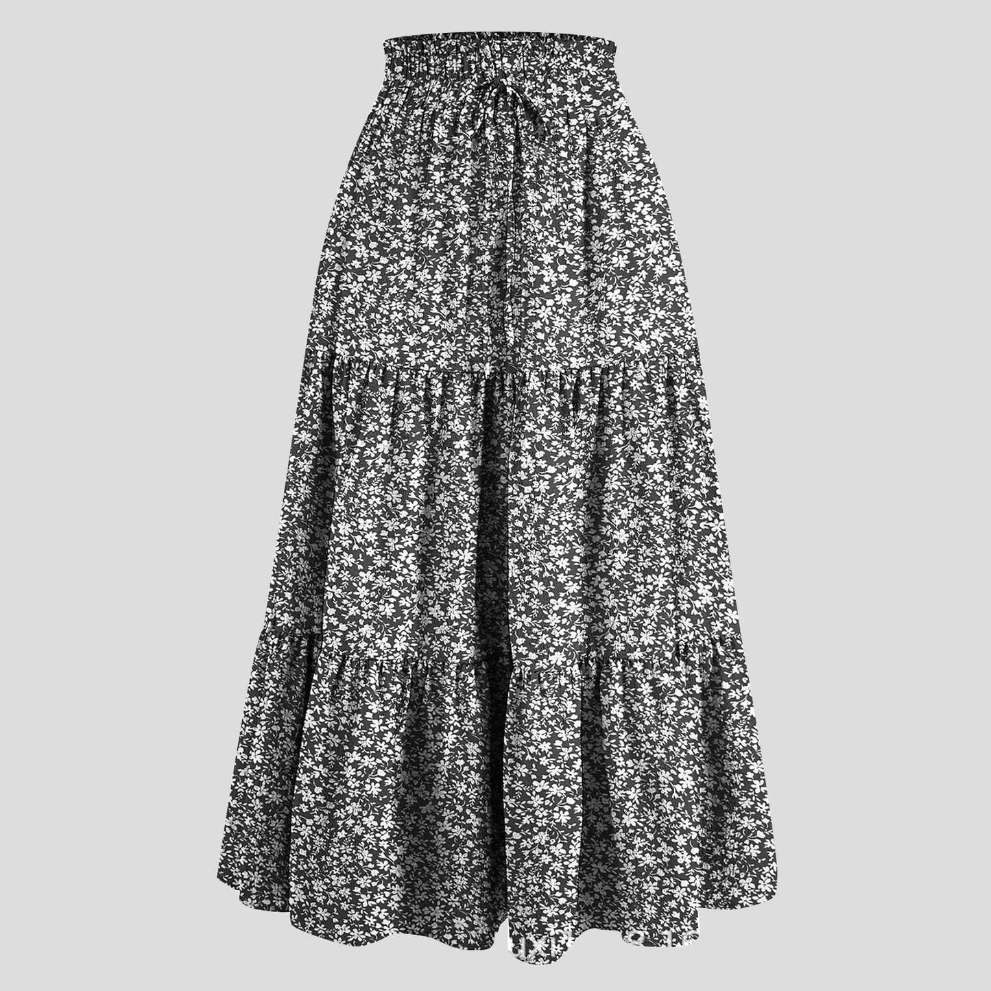 Women's Boho Vintage Floral Print Maxi Skirt Elastic High Waist Pleated Flowy A Line Long Skirts