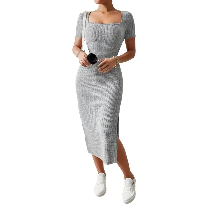 Summer Square Neck, Hip-Hugging Mid-Length Skirt, Short-Sleeved, Rib Knit Versatile Knitted Slit Dress