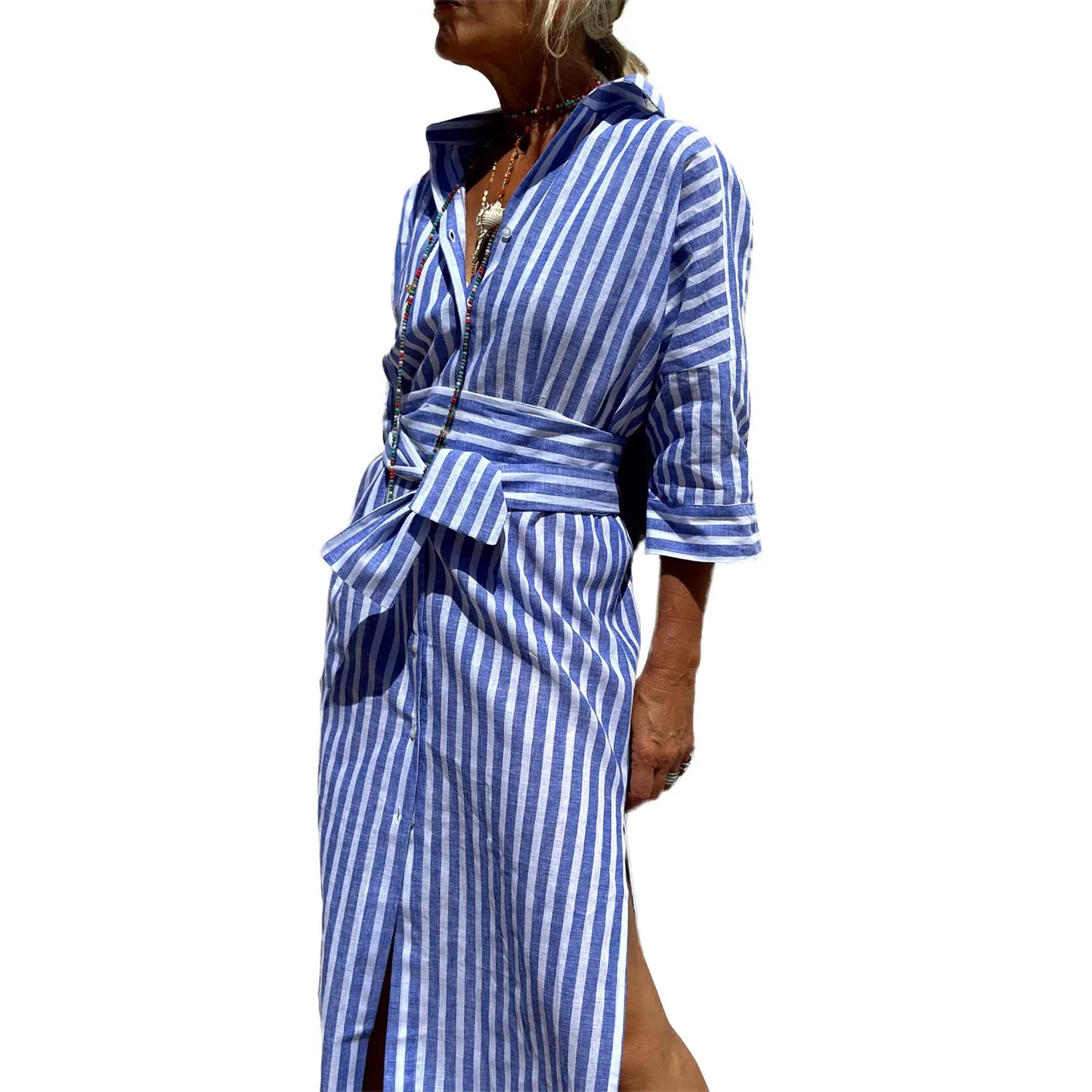 Casual V-Neck Short Sleeve Striped Button Up Midi Dress with Belt and Pockets