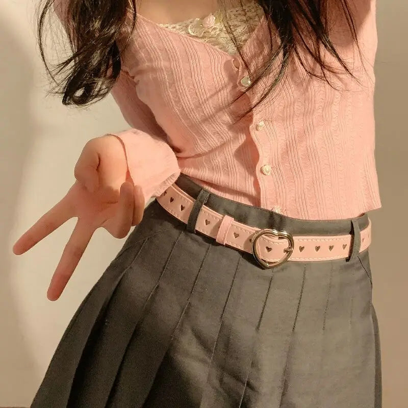 Fashion Europe and the United States full hole belt female trend double row cool belt Heart Shaped Buckle
