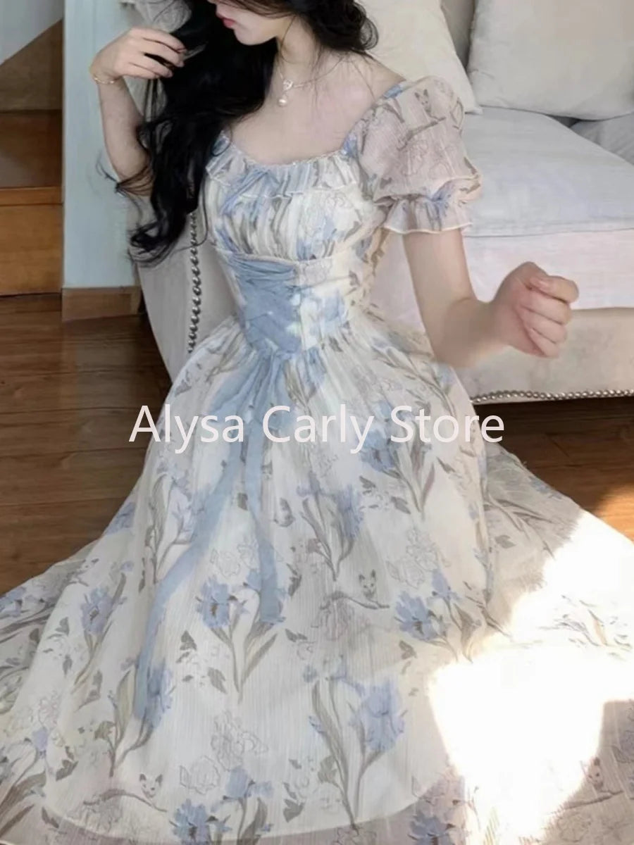 Vintage Floral Midi Dress Ruffles Design Casual  Lace-up