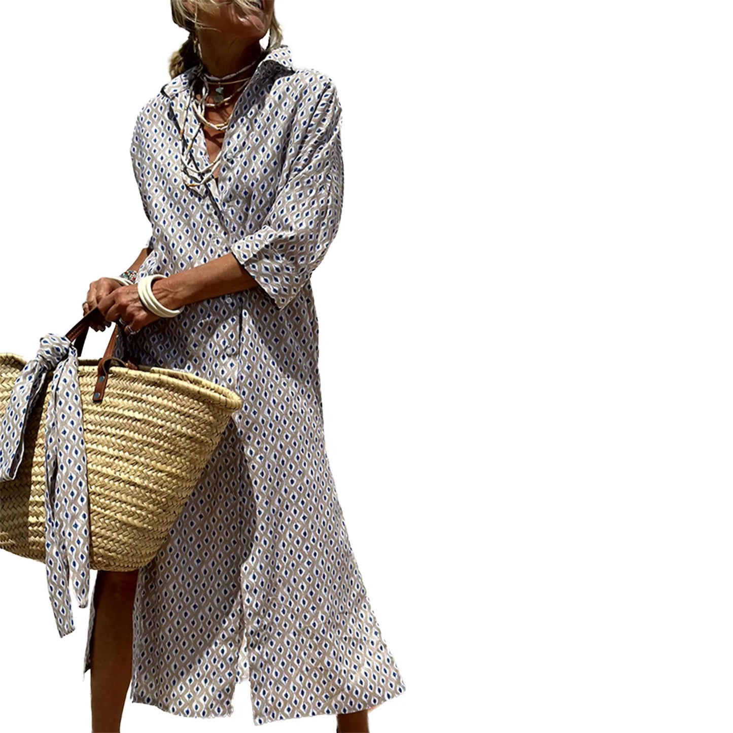 Casual V-Neck Short Sleeve Striped Button Up Midi Dress with Belt and Pockets