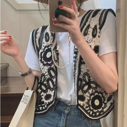 Sexy Hollow Out Knit Tank Tops Women Color block  V Neck Floral Camisole Female Beach Style Crop Top