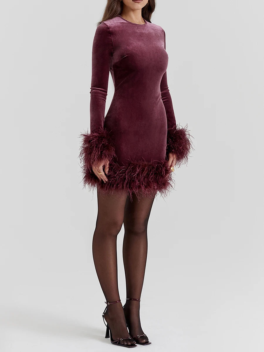 Black Feather Long Sleeve Bodycon Dress  Velvet Crew Neck  Mini Dress