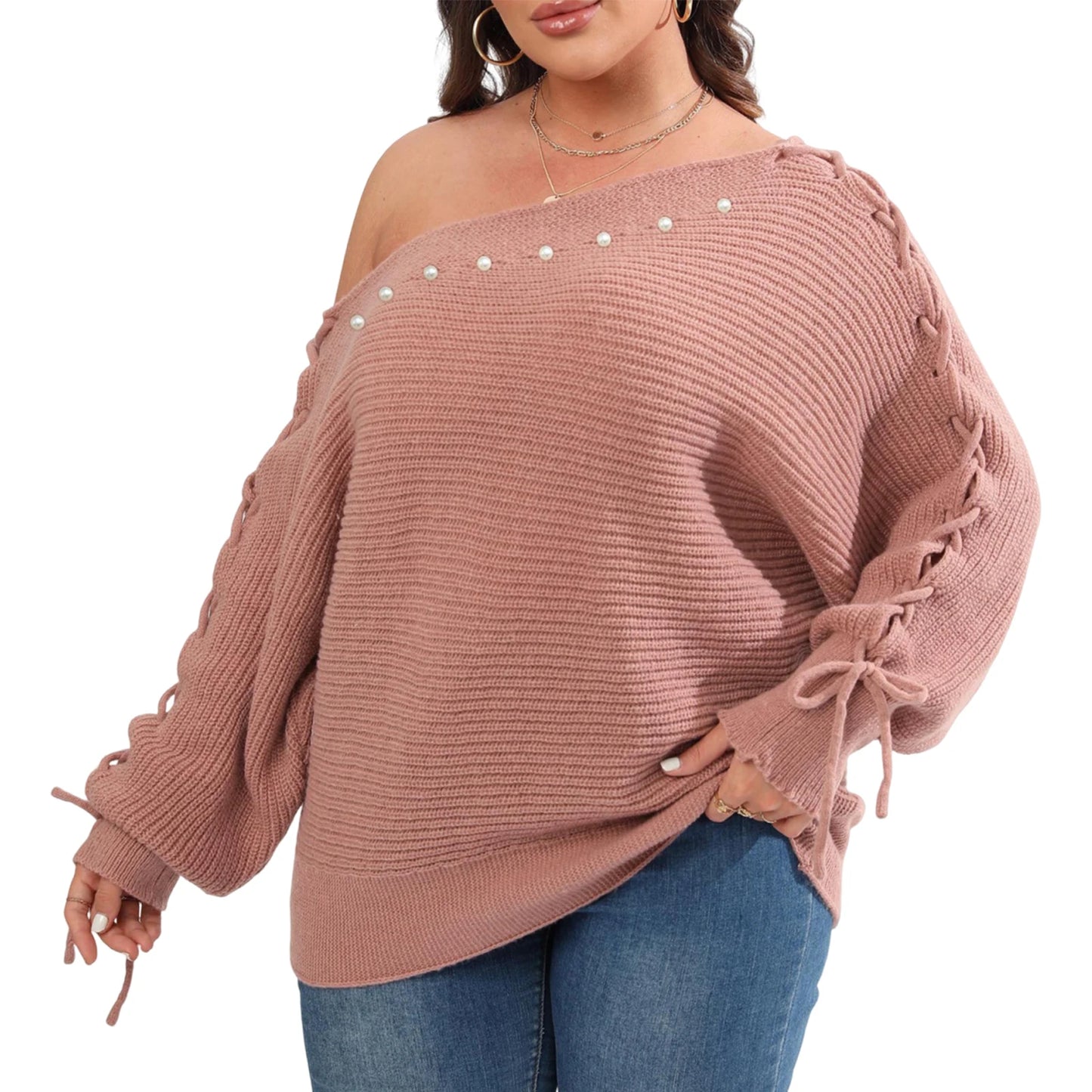 Women s Plus Size Sweater Cozy Cable Knit Off Shoulder Long Sleeve Pullover with Tassel Detail Casual