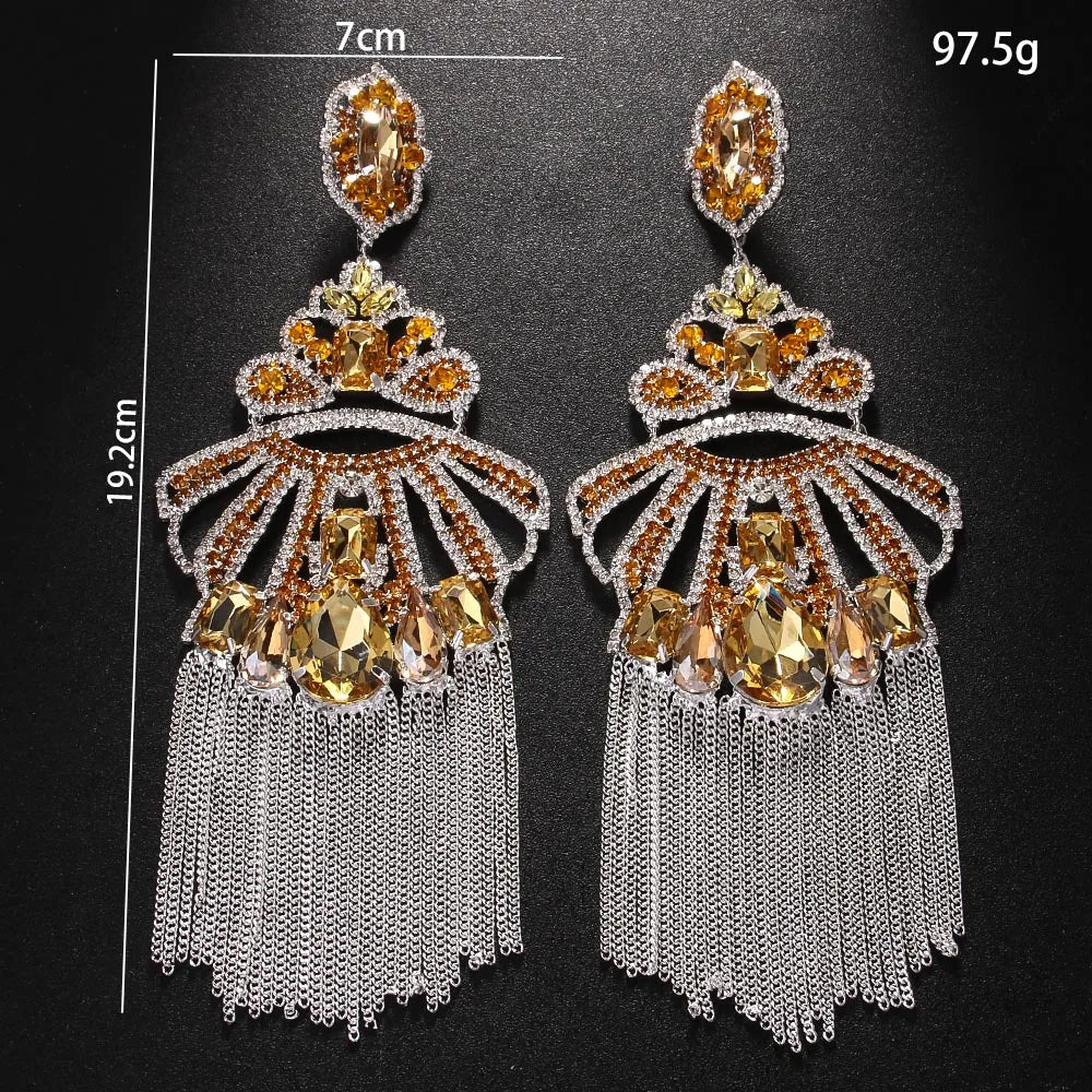 Yellow Exaggerated Tassel Earrings Metal Piercing Club Bling Ear Accessories