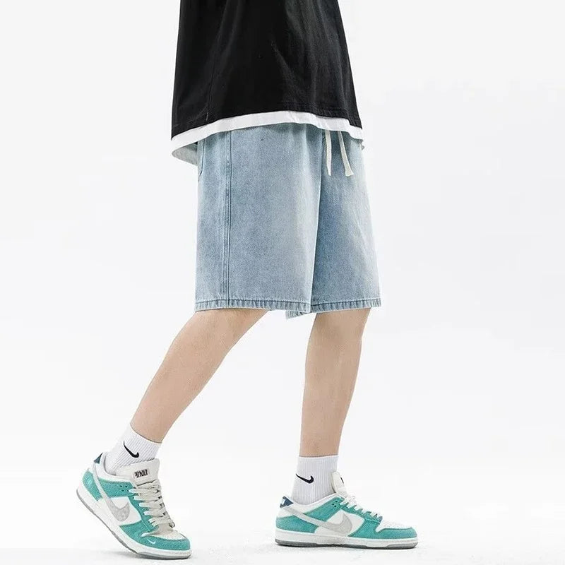 Casual Denim Shorts Comfortable Elastic Waist Straight Leg New Soft Short Pants Light Blue Loose Baggy Wide Leg Jeans