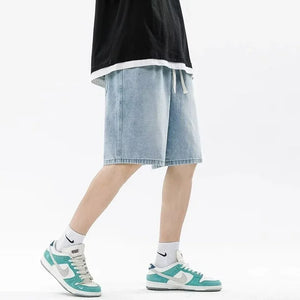 Casual Denim Shorts Comfortable Elastic Waist Straight Leg New Soft Short Pants Light Blue Loose Baggy Wide Leg Jeans