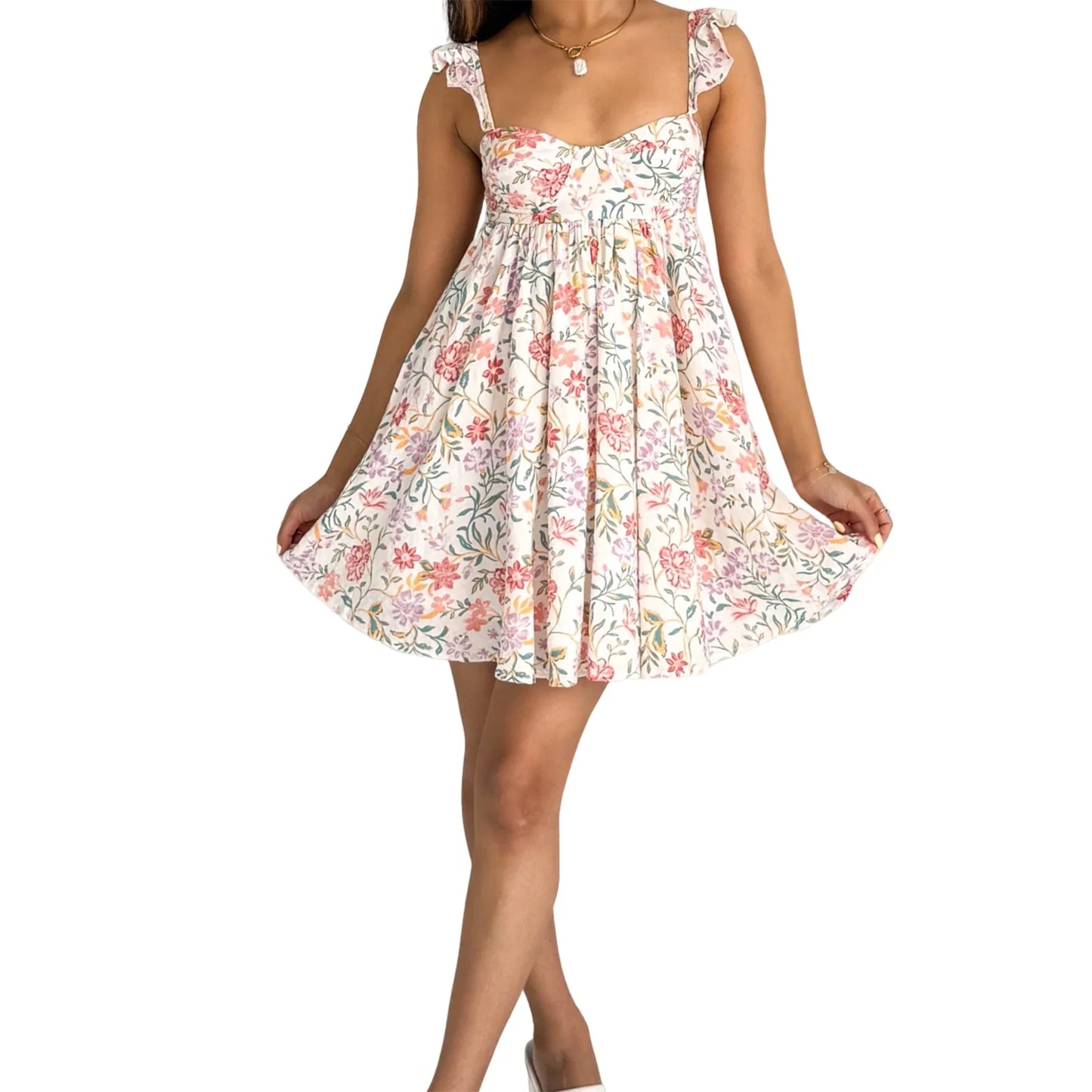 Women V-Neck Dress Sleeveless Ruffle Floral Print Boho Beach Dress Summer Casual Dress with Pockets