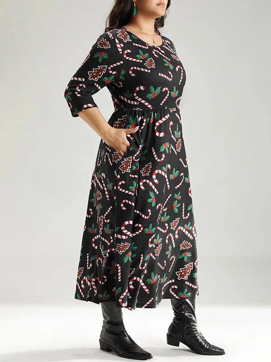 Women Plus Size Dress Candy Cane Print O-Neck  3/4 Sleeve Maxi Dress Winter Elegant Christmas Party Dress for Curvy Ladies