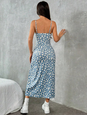 Long Dress Strapless Wrap Chest; High Slit Daisy Print Wrap around Skirt Maxi Dress