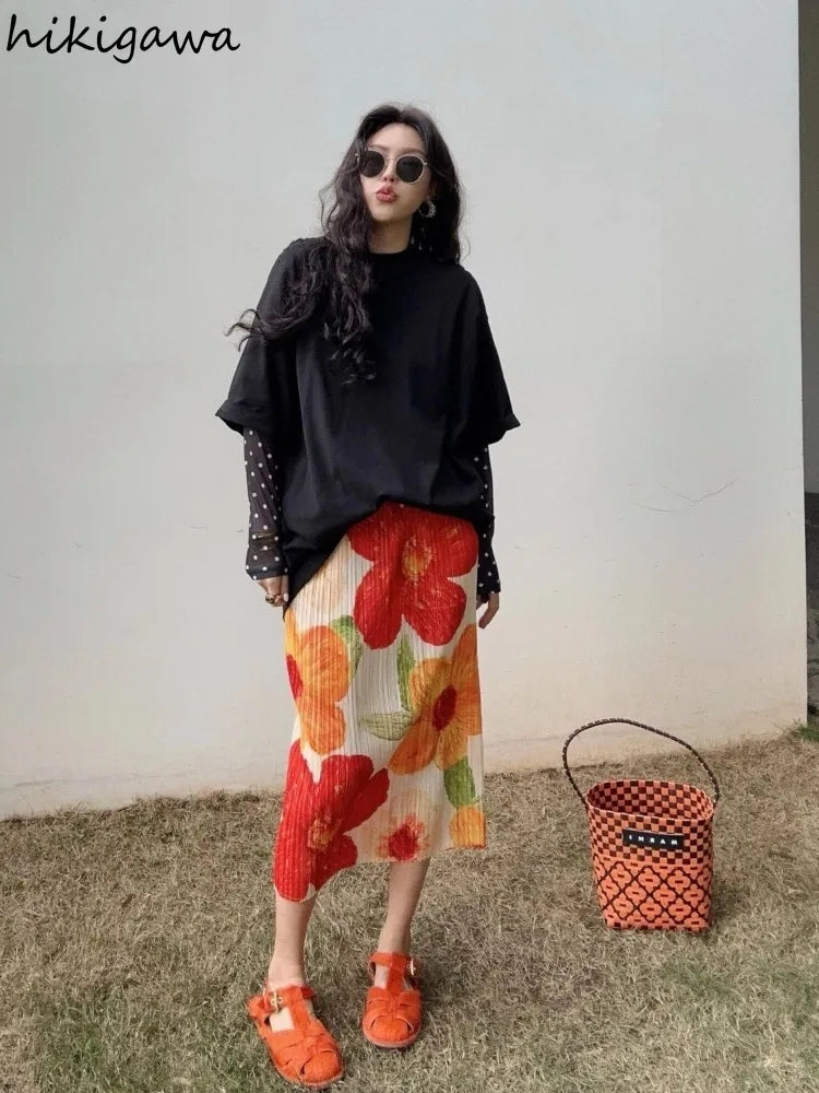 Floral Long  Vintage Loose High Waist Pleated Skirt