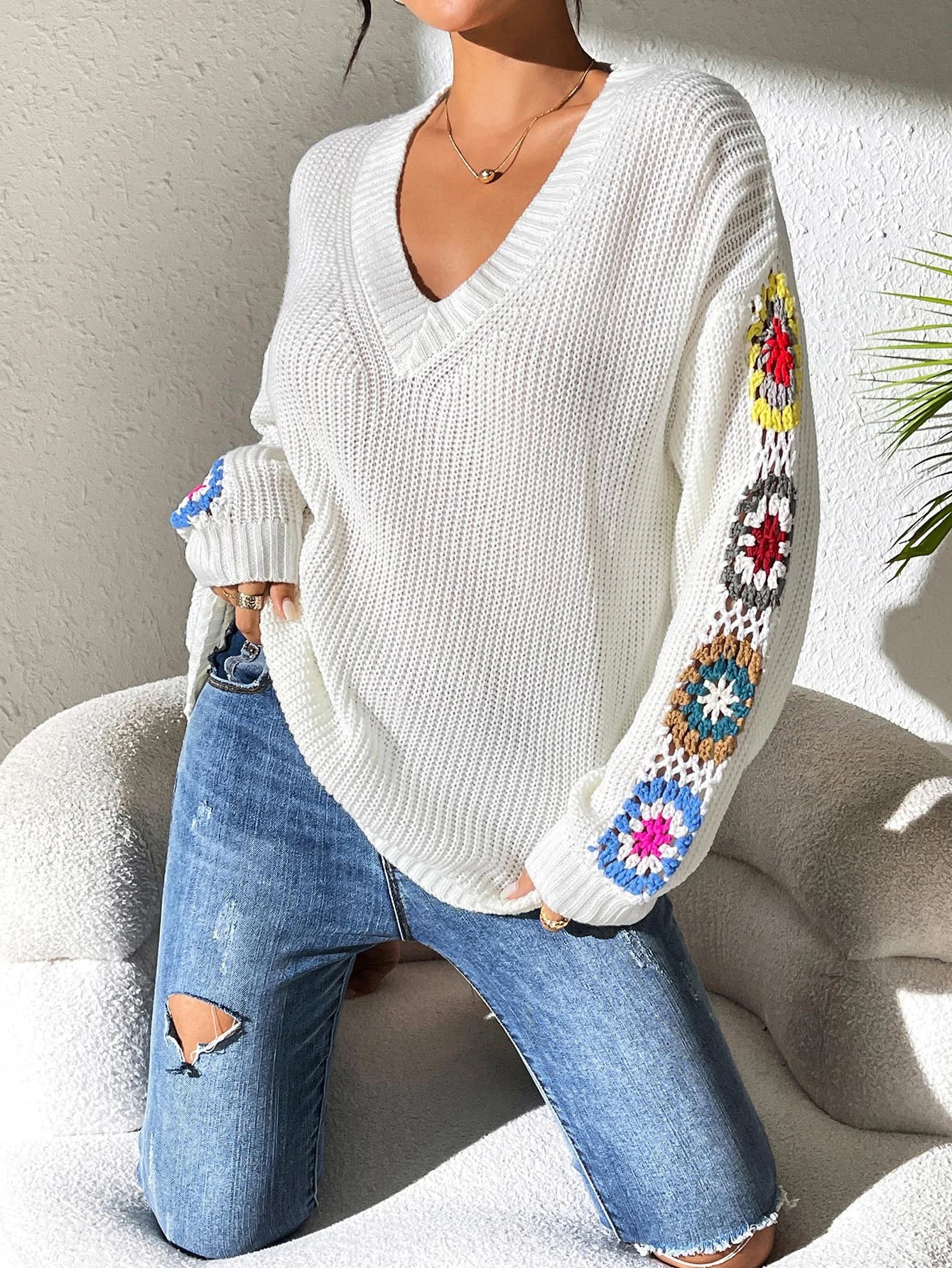 Elegant Solid Color Sweater With Embroidery Design, Unique Cuff Detail, Suitable For All Occasions