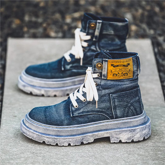 Retro Blue Denim Boots Men Lace-up Platform Men's Tooling Boots Western Basic Boots Men High Top Working Shoe Men Outdoor Boots
