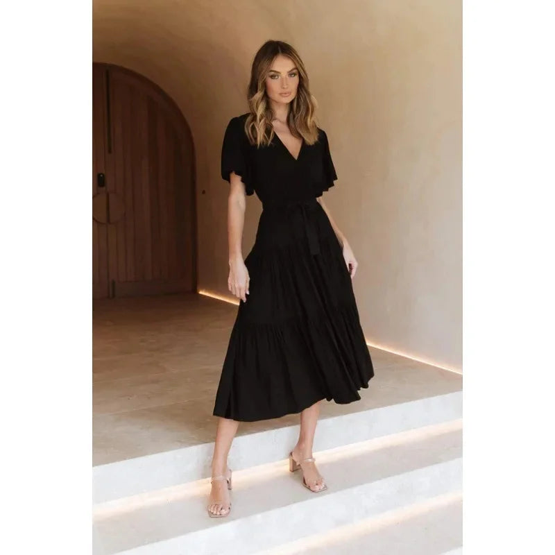 Bohemian V-Neck Short Sleeve Waist-Cinched Dress Skirt Dress