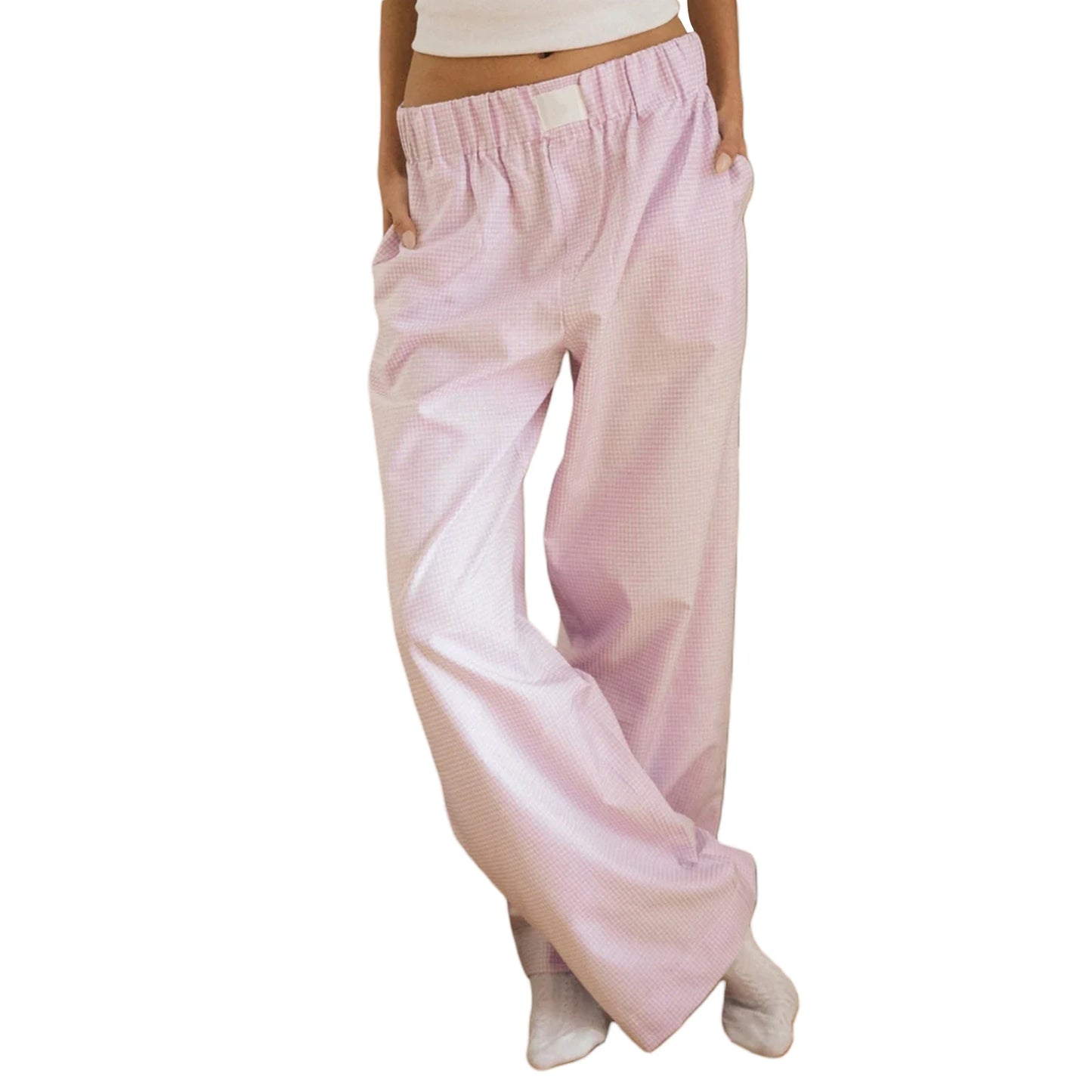 Women s Casual High Waist Wide Leg Palazzo Pants with Drawstring Elastic Waistband and Stylish Plaid Print
