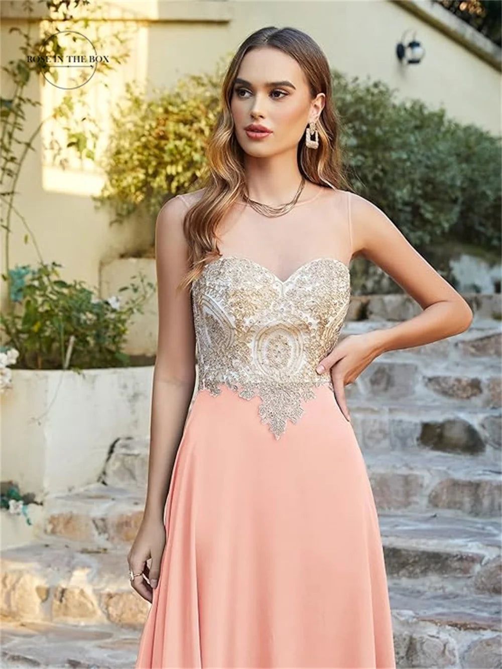 Elegant Gold Appliques Long Dress Women Illusion Neck A Line Chiffon Prom Evening Party Gowns Maxi Gala Dress