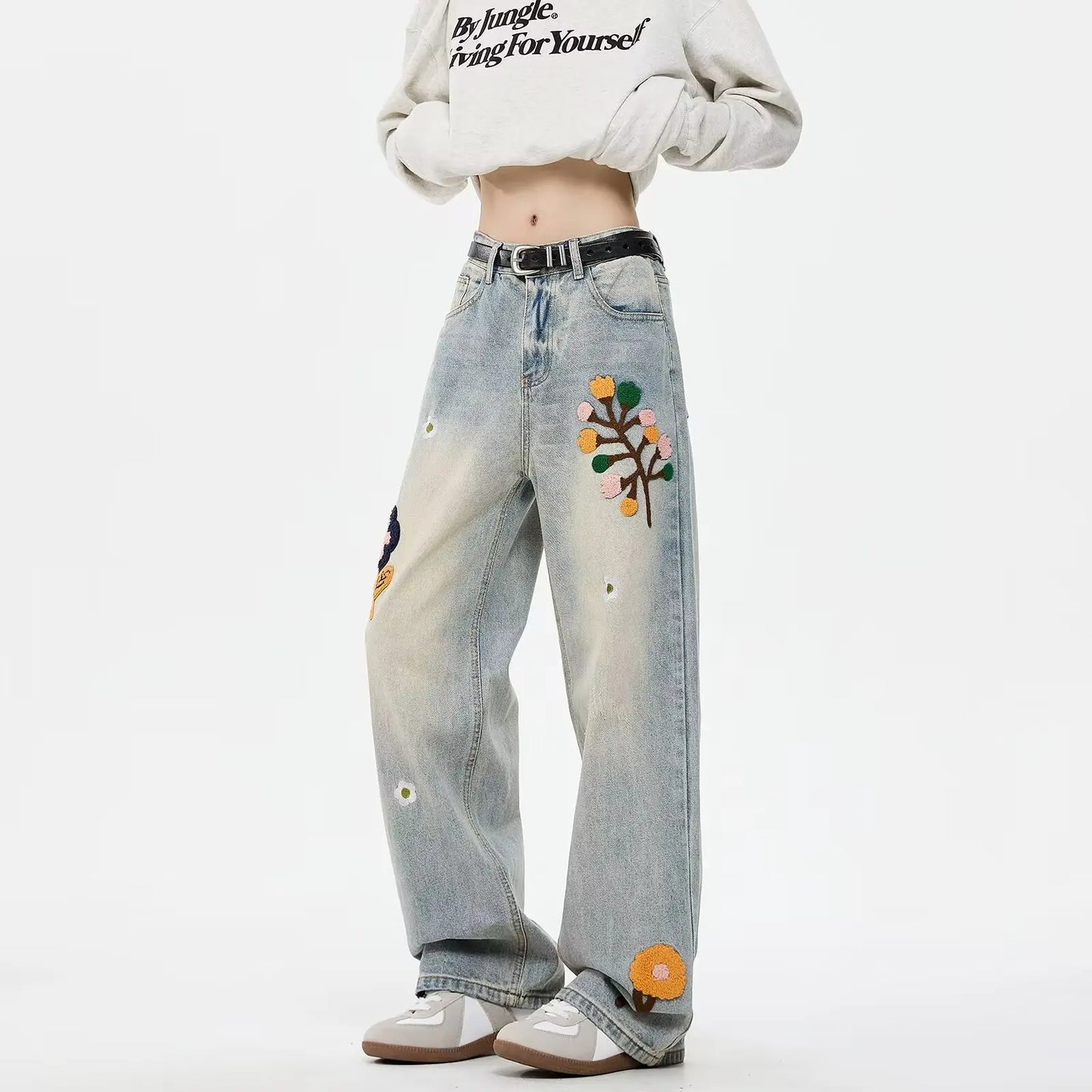Vintage Flower Embroidered Jeans For Women High Street Baggy Straight Wide Leg Denim Pants Autumn Design Hip Hop Fashion Jean